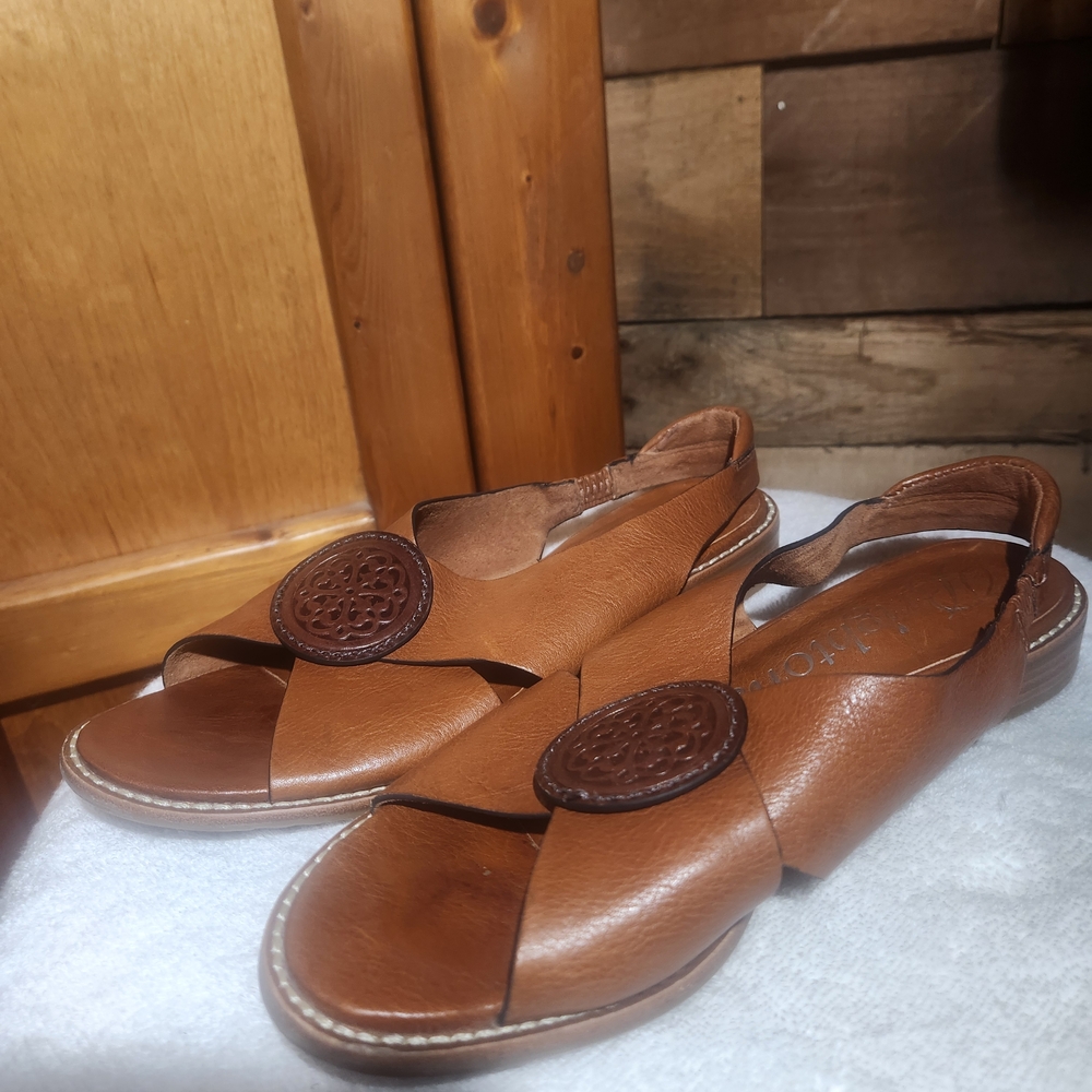 Brighton Nicole X Band Sling Leather Sandals In Cognac Size 8M- Made In Brazil - Picture 5 of 10